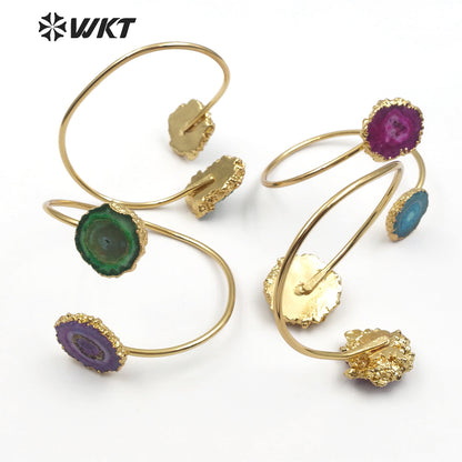 WT-B439 Woman Jewelry Double Quartz With Gold Bezel Fashion Cuff Size Can Adjust Colorful Natural Stalactite Quartz Bracelet