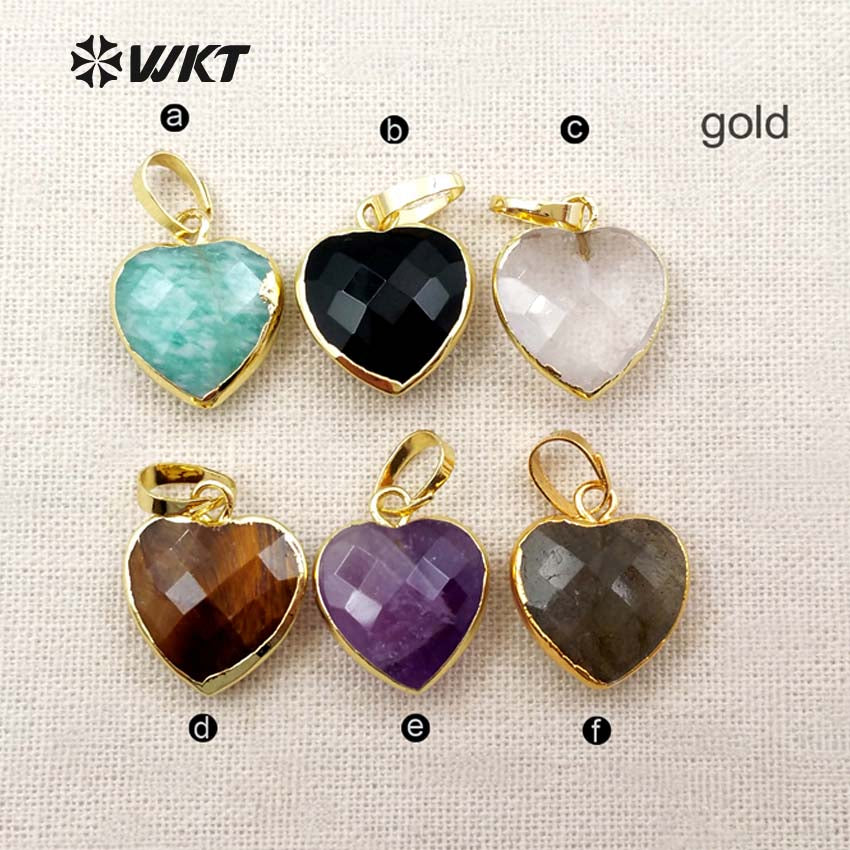 WT-P1306 Real Natural Black Agate Tigers Eye Pendant Heart Faceted Pendant With Real Gold Electroplated Gemstone Pendant