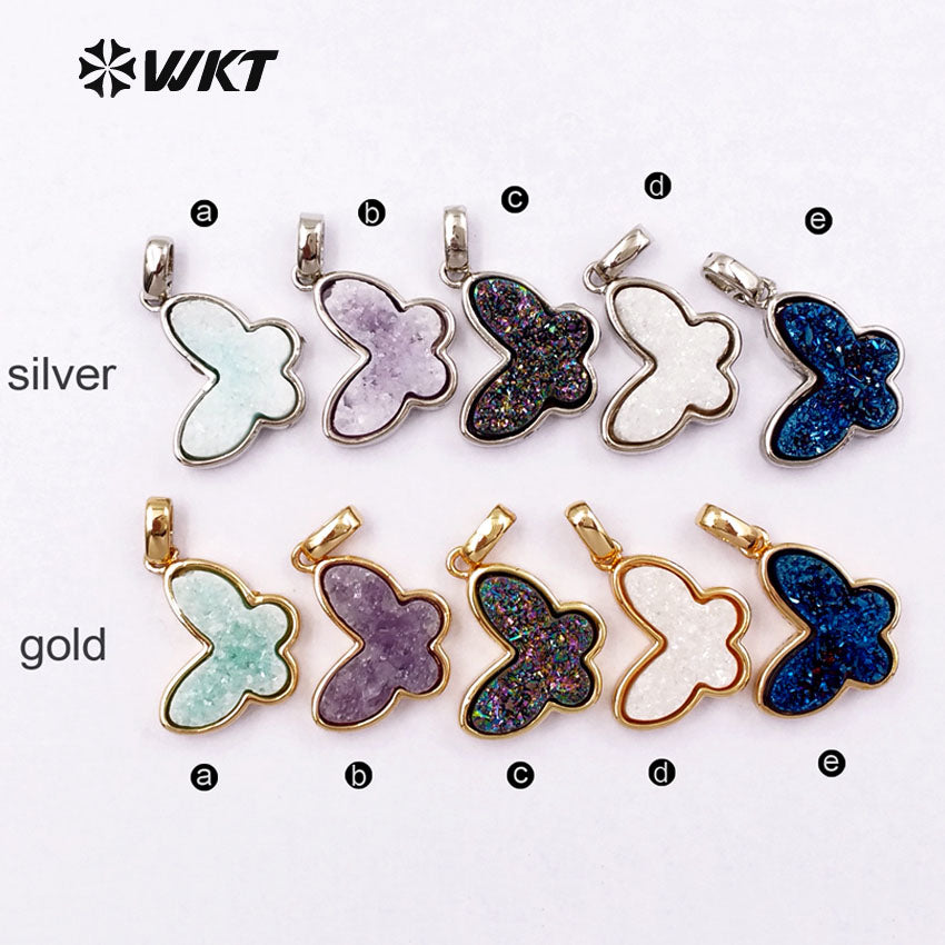 WT-P1325 WKT Wholesale New Arrival Natural Butterfly Drusy Agate Real Gold Silver Plated Pendant for Women
