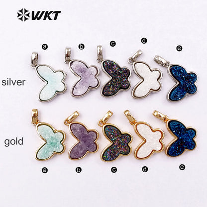 WT-P1325 WKT Wholesale New Arrival Natural Butterfly Drusy Agate Real Gold Silver Plated Pendant for Women