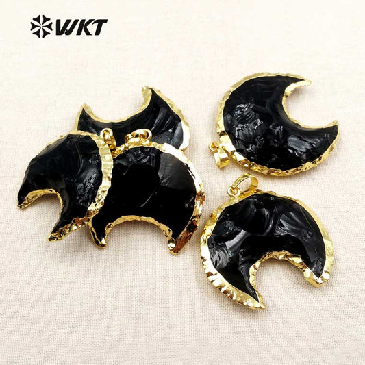 WT-P1322 Amazing Handmade Handmer Natural Raw Black Obsidian Crescent Horn Moon Stone Pendant With 18k Real Gold Plated