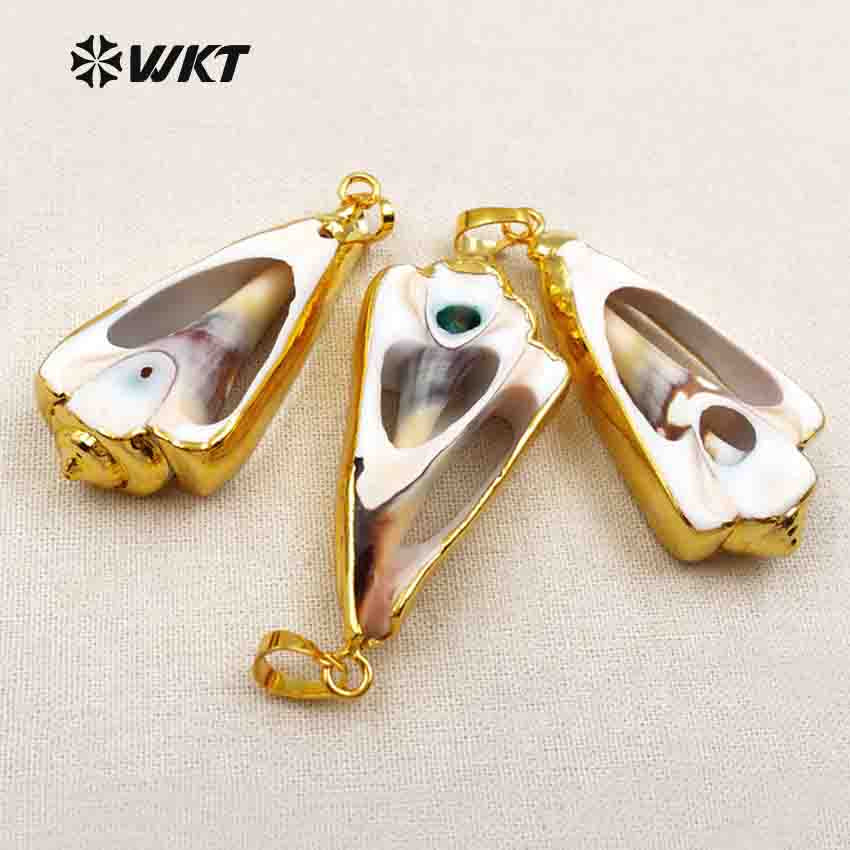 WT-P351 Lovely Slice Shell Pendant Charm with Electroplated 24k Gold Layered Edges Shell Pendant for Party