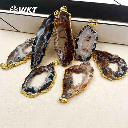 WT-P096 Wholesales Natural Slice Geode Druzy Agate for Women Hollow Inside Special Design Black Slice Geode Agate Pendant