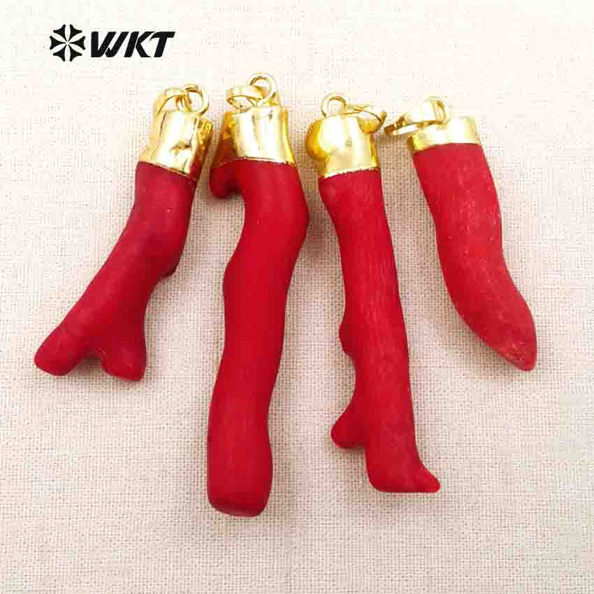 WT-P245 Hot!! Red Natural Coral Tesajo with 18k Gold Plated on Top Elegant Pendants for Women Natural Stone Pendant Red Coral Pendant