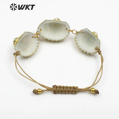 WT-B442 Handmade Natural Seashells With Gold-plated Edge for Summer Wear Adjustable Fan-shaped White Scallop Shell Bracelet
