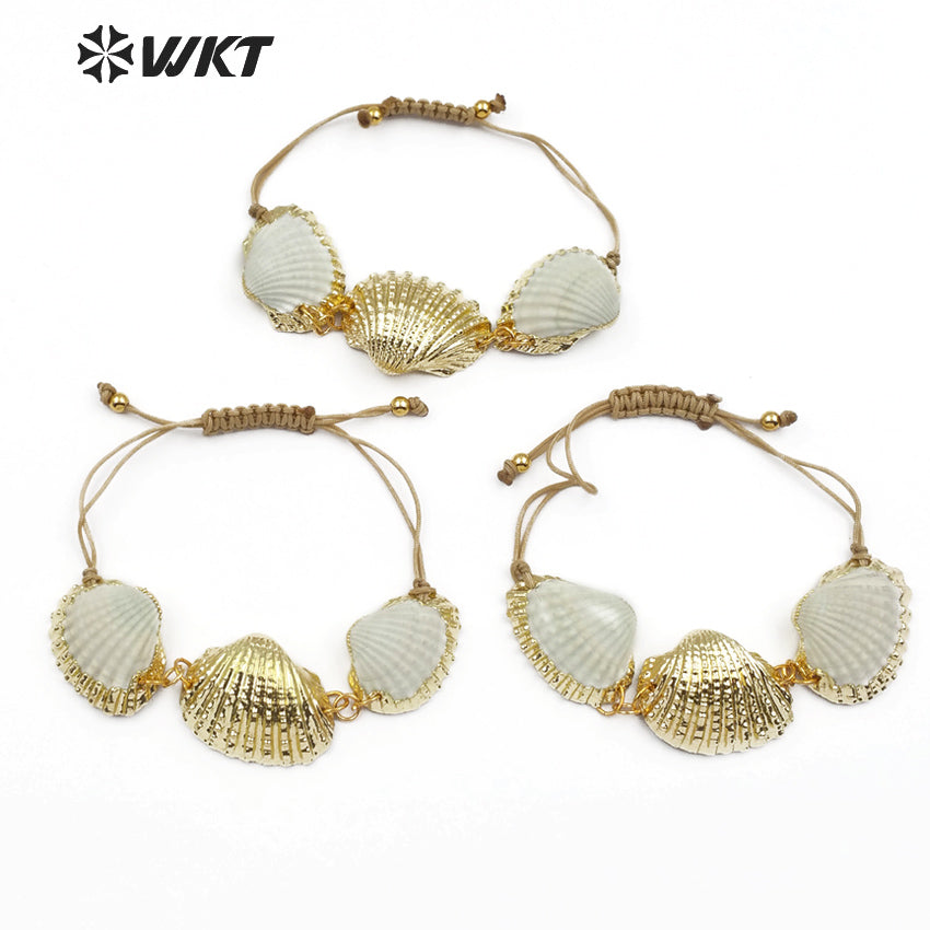 WT-B440 New Design Two Edges and Gold Plated in the Middle of Three Natural Seashells for Women White Scallop Shell Bracelet