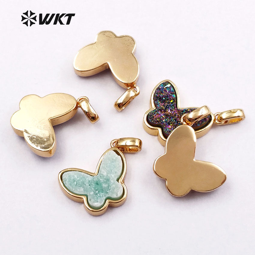 WT-P1325 WKT Wholesale New Arrival Natural Butterfly Drusy Agate Real Gold Silver Plated Pendant for Women