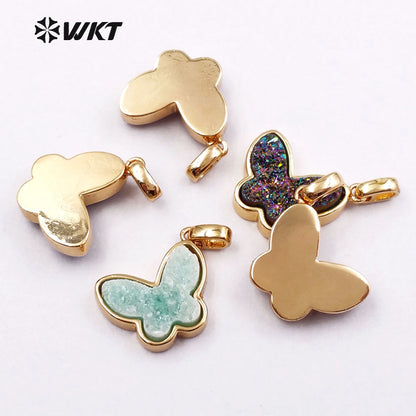 WT-P1325 WKT Wholesale New Arrival Natural Butterfly Drusy Agate Real Gold Silver Plated Pendant for Women