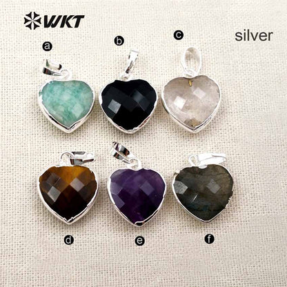 WT-P1306 Real Natural Black Agate Tigers Eye Pendant Heart Faceted Pendant With Real Gold Electroplated Gemstone Pendant