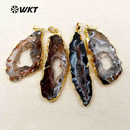 WT-P096 Wholesales Natural Slice Geode Druzy Agate for Women Hollow Inside Special Design Black Slice Geode Agate Pendant