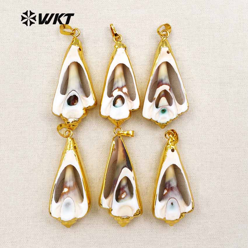 WT-P351 Lovely Slice Shell Pendant Charm with Electroplated 24k Gold Layered Edges Shell Pendant for Party