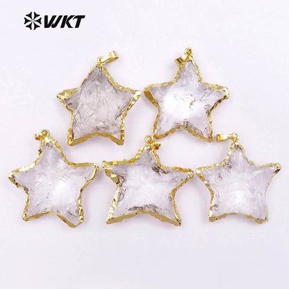 WT-P1326 WKT Wholesale Transparent Raw Crystal Quartz Charm 24k Genuine Gold Plated Pendant Star Shape Women