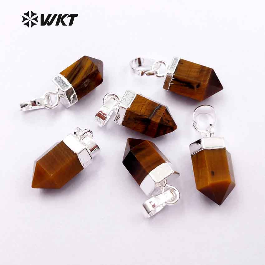 WT-P1327 WKT Wholesale Bullet Shape Terminated Point Tiny 24k Real Gold Plated Tiger Eye Pendant for Women
