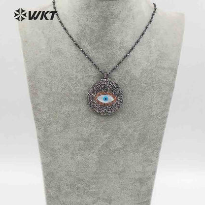 WT-NV214 Wholesale New Arrival Elegant Round Shape Hematite Beads Rosary Chain Jewelry CZ Rhinestone Pave Pendant Necklace
