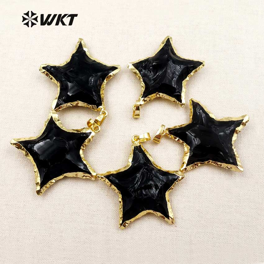 WT-P1323 High Quality 24k Real Gold Plated Black Obsidian Pendant With Star Shape Hot Fashion Gift for Women