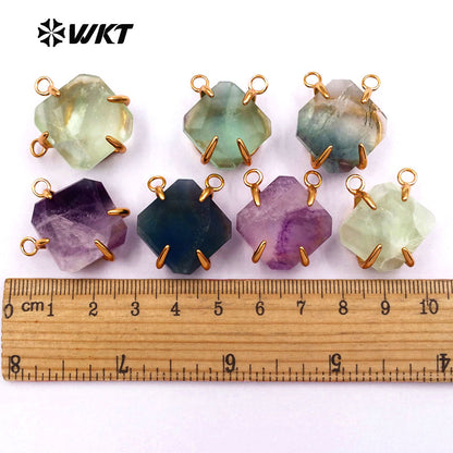 WT-P259 New Natural Raw Fluorite Stone Pendants with 24k Gold Plated Prong Setting
