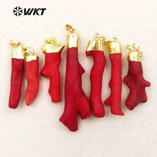 WT-P245 Hot!! Red Natural Coral Tesajo with 18k Gold Plated on Top Elegant Pendants for Women Natural Stone Pendant Red Coral Pendant