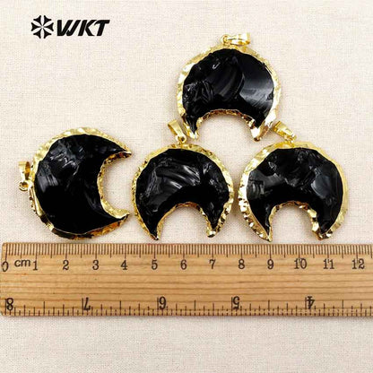 WT-P1322 Amazing Handmade Handmer Natural Raw Black Obsidian Crescent Horn Moon Stone Pendant With 18k Real Gold Plated