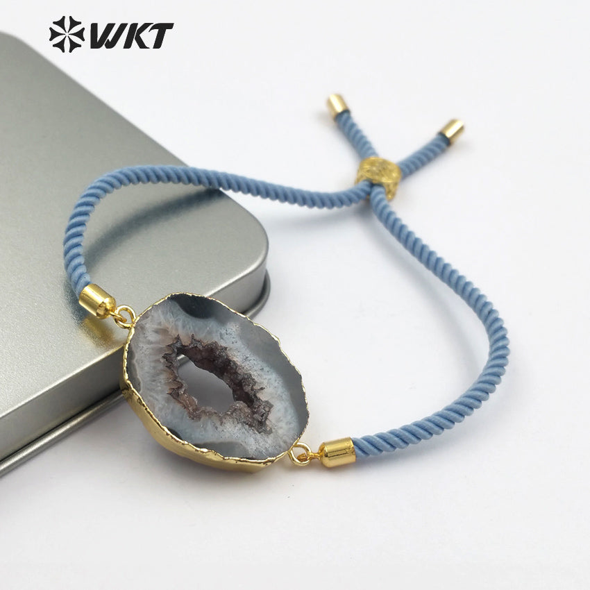 WT-B438 Women's Boho Adjustable Pendant in Black and Grey Color Raw Stone With Gold Trim Natural Geode Druzy Stone Bracelet