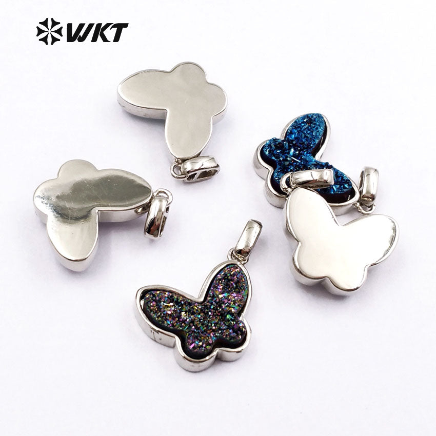 WT-P1325 WKT Wholesale New Arrival Natural Butterfly Drusy Agate Real Gold Silver Plated Pendant for Women
