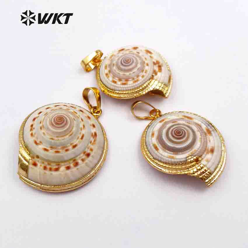 WT-JP007 NEWEST!!Clearance Swirl Gold Edged Unique Natural Shell Pendant with Electroplated Gift for Women