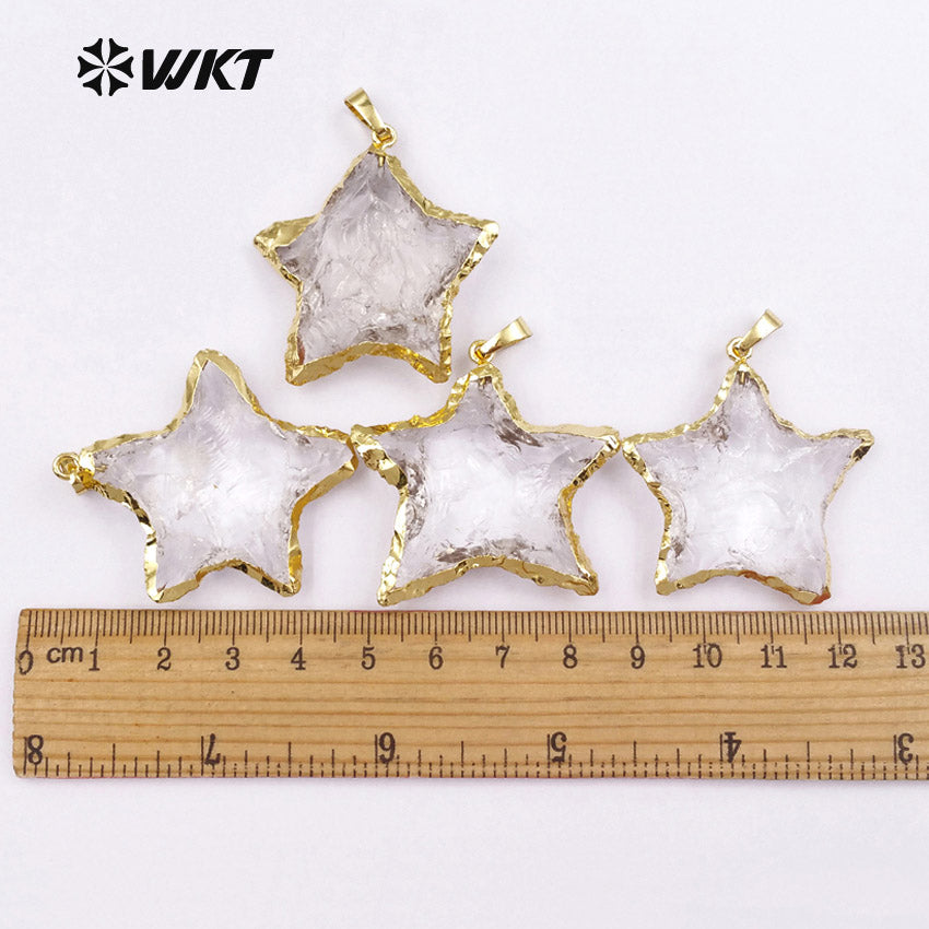 WT-P1326 WKT Wholesale Transparent Raw Crystal Quartz Charm 24k Genuine Gold Plated Pendant Star Shape Women
