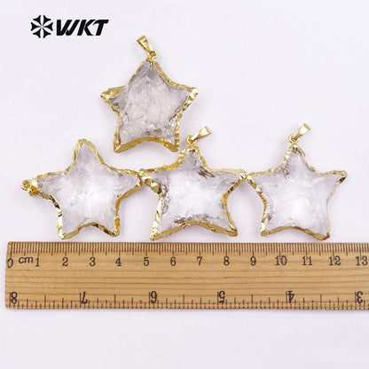 WT-P1326 WKT Wholesale Transparent Raw Crystal Quartz Charm 24k Genuine Gold Plated Pendant Star Shape Women