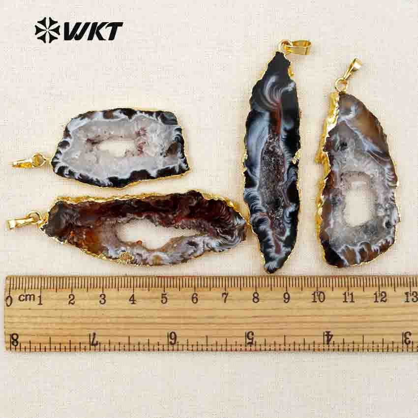 WT-P096 Wholesales Natural Slice Geode Druzy Agate for Women Hollow Inside Special Design Black Slice Geode Agate Pendant
