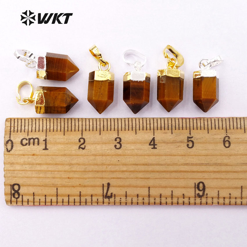 WT-P1327 WKT Wholesale Bullet Shape Terminated Point Tiny 24k Real Gold Plated Tiger Eye Pendant for Women