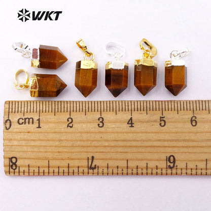 WT-P1327 WKT Wholesale Bullet Shape Terminated Point Tiny 24k Real Gold Plated Tiger Eye Pendant for Women