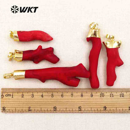 WT-P245 Hot!! Red Natural Coral Tesajo with 18k Gold Plated on Top Elegant Pendants for Women Natural Stone Pendant Red Coral Pendant