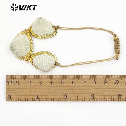 WT-B442 Handmade Natural Seashells With Gold-plated Edge for Summer Wear Adjustable Fan-shaped White Scallop Shell Bracelet