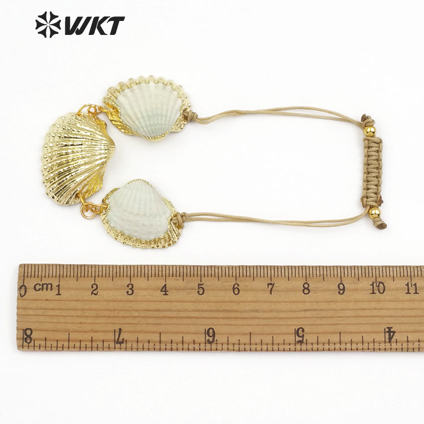 WT-B440 New Design Two Edges and Gold Plated in the Middle of Three Natural Seashells for Women White Scallop Shell Bracelet