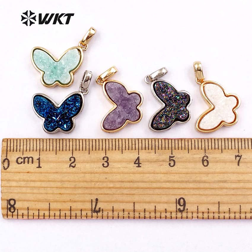 WT-P1325 WKT Wholesale New Arrival Natural Butterfly Drusy Agate Real Gold Silver Plated Pendant for Women