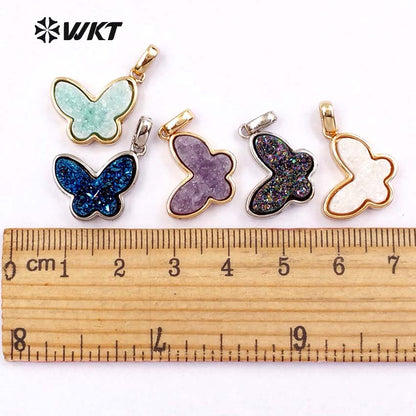 WT-P1325 WKT Wholesale New Arrival Natural Butterfly Drusy Agate Real Gold Silver Plated Pendant for Women