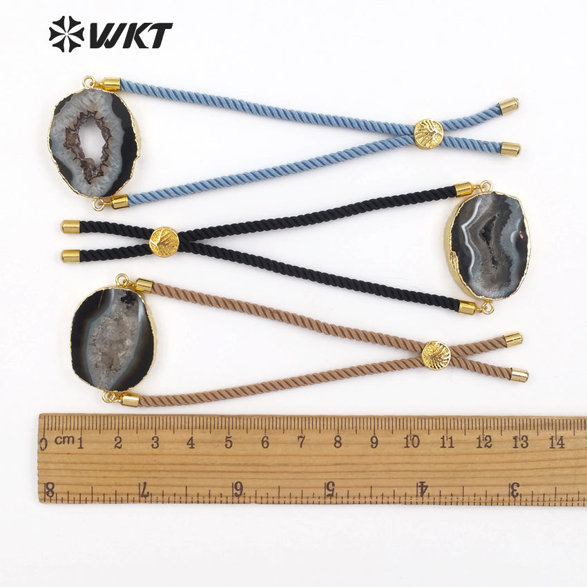 WT-B438 Women's Boho Adjustable Pendant in Black and Grey Color Raw Stone With Gold Trim Natural Geode Druzy Stone Bracelet