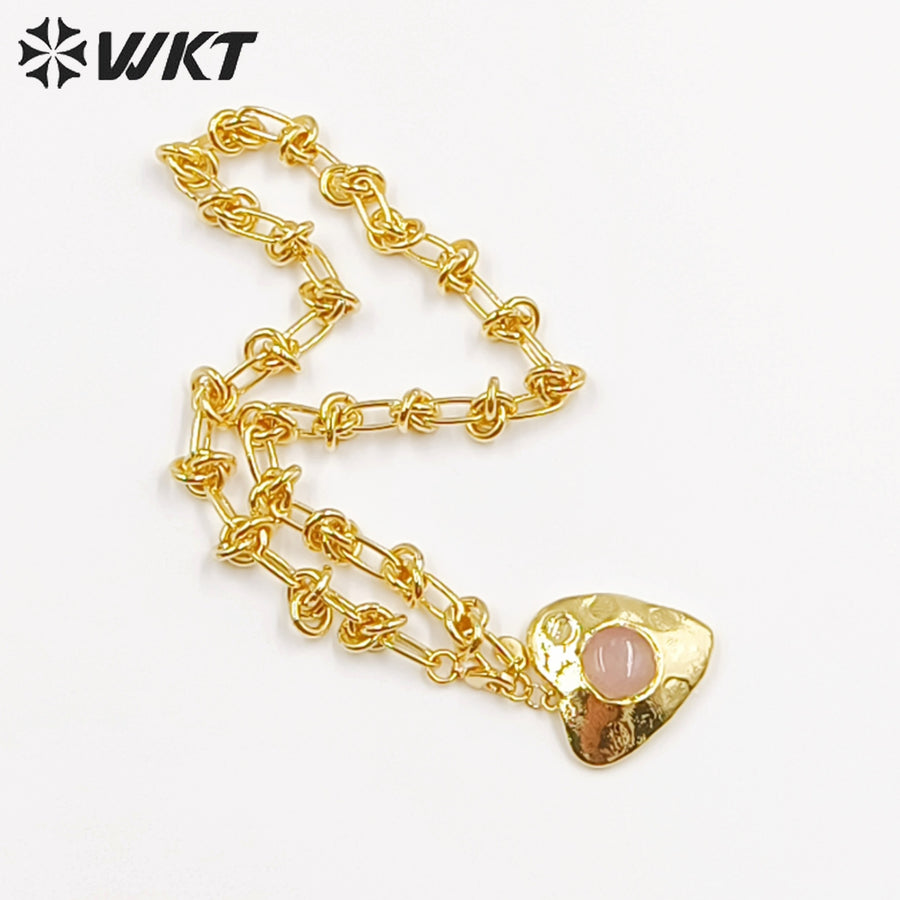 WT-N1429 Gorgeous Romantic Heart Shaped Natural Rose Quartz 16inch Long Layer Vintage Necklace Casual Long Statement Necklace