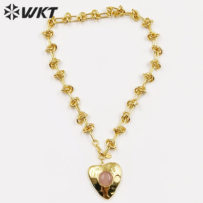 WT-N1429 Gorgeous Romantic Heart Shaped Natural Rose Quartz 16inch Long Layer Vintage Necklace Casual Long Statement Necklace