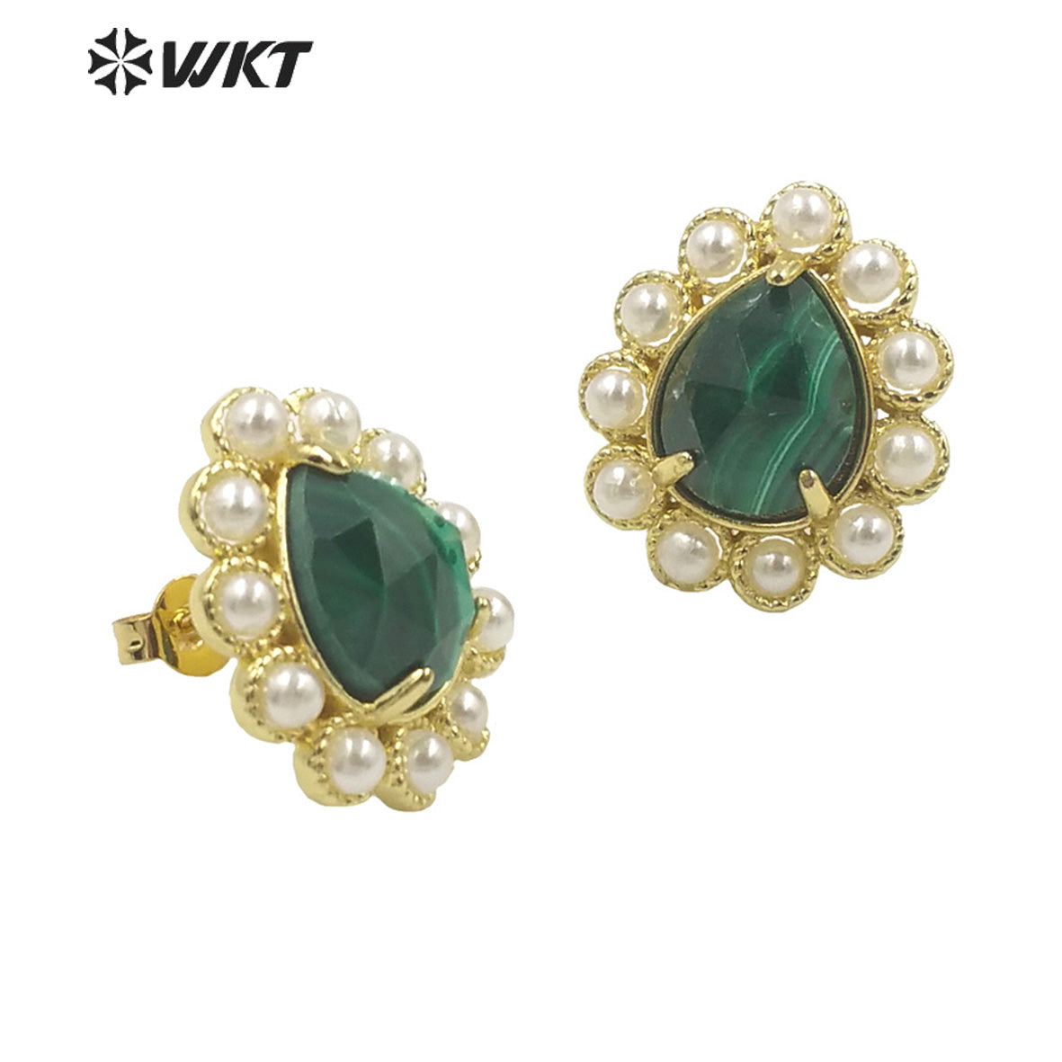 WT-MPE124 Charming Drop Natural Gemstone Made With Artificial Pearl Gold Bezel Setting Women Earring Studs