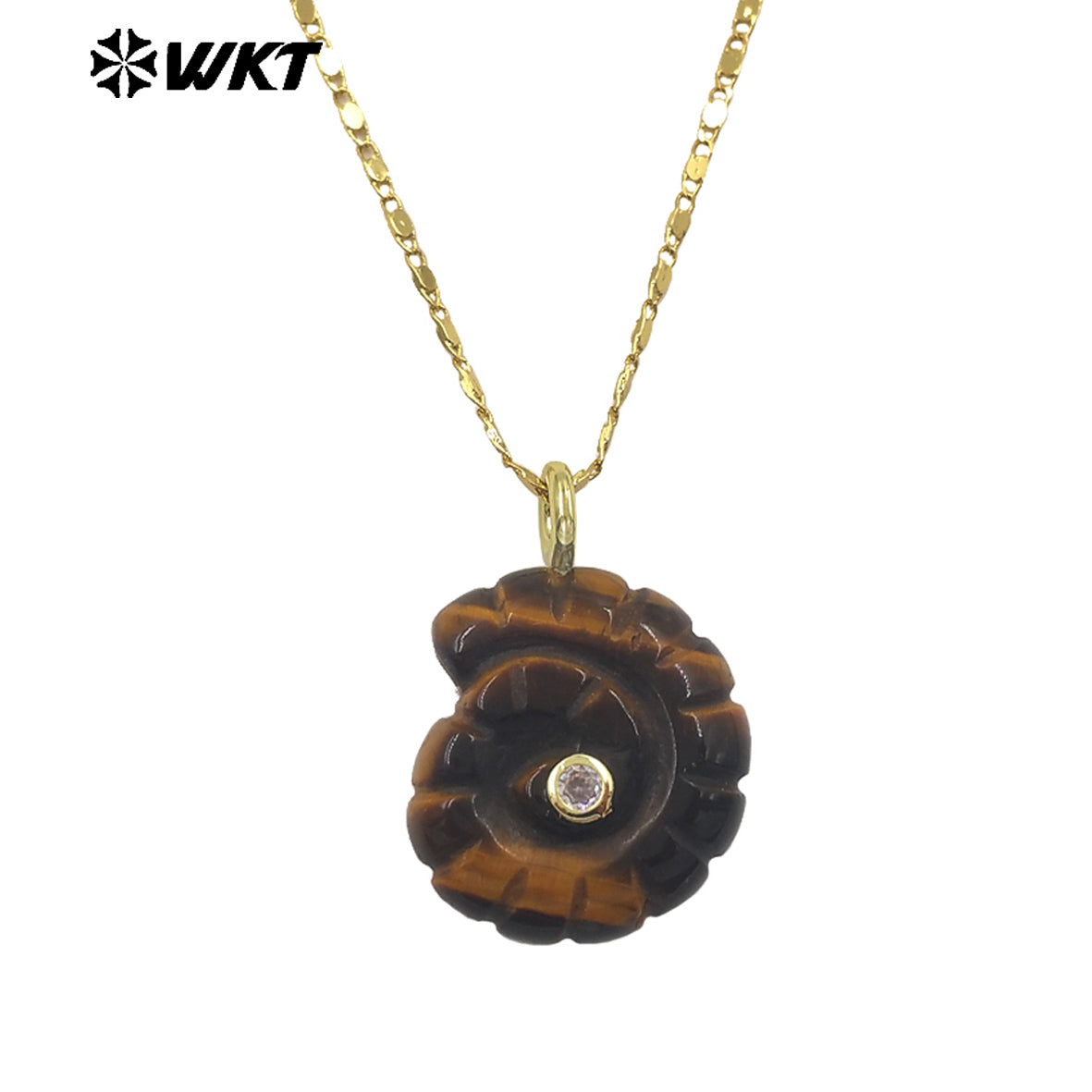 WT-N1510 Hot Sale Gold Thin Chain With Natural Gemstones Carved Trumpet Pendant Necklace As Women Daily Wearing Jewelry