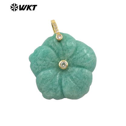 WT-P2029 Delicate Fashion Zircon And Natural Gemstones Hand Carved Lovely Flower Shape Pendant For Ladies Jewelry Making