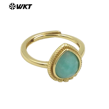 WT-R509 Wholesale Fashion Tiny Pear Shape Natural Gemstone Setting Teardrop Amazonite Birthday Stone Ring