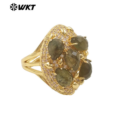 WT-R543 Wholesale Fashion Gold Plated Micropave Zircon Setting With Natural Faceted Gemstone Birthday Stone Ring for Women