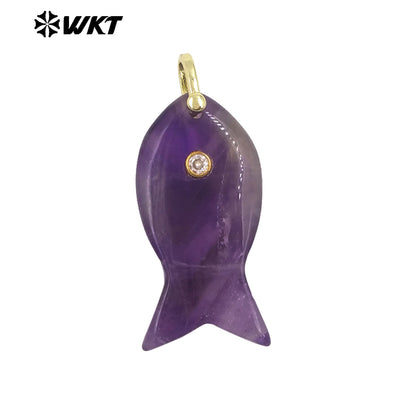 WT-P2088 Popular Interesting Style Zircon And Natural Gemstones Fish Shape Gold Pendant As Female Jewelry DIY Accessories