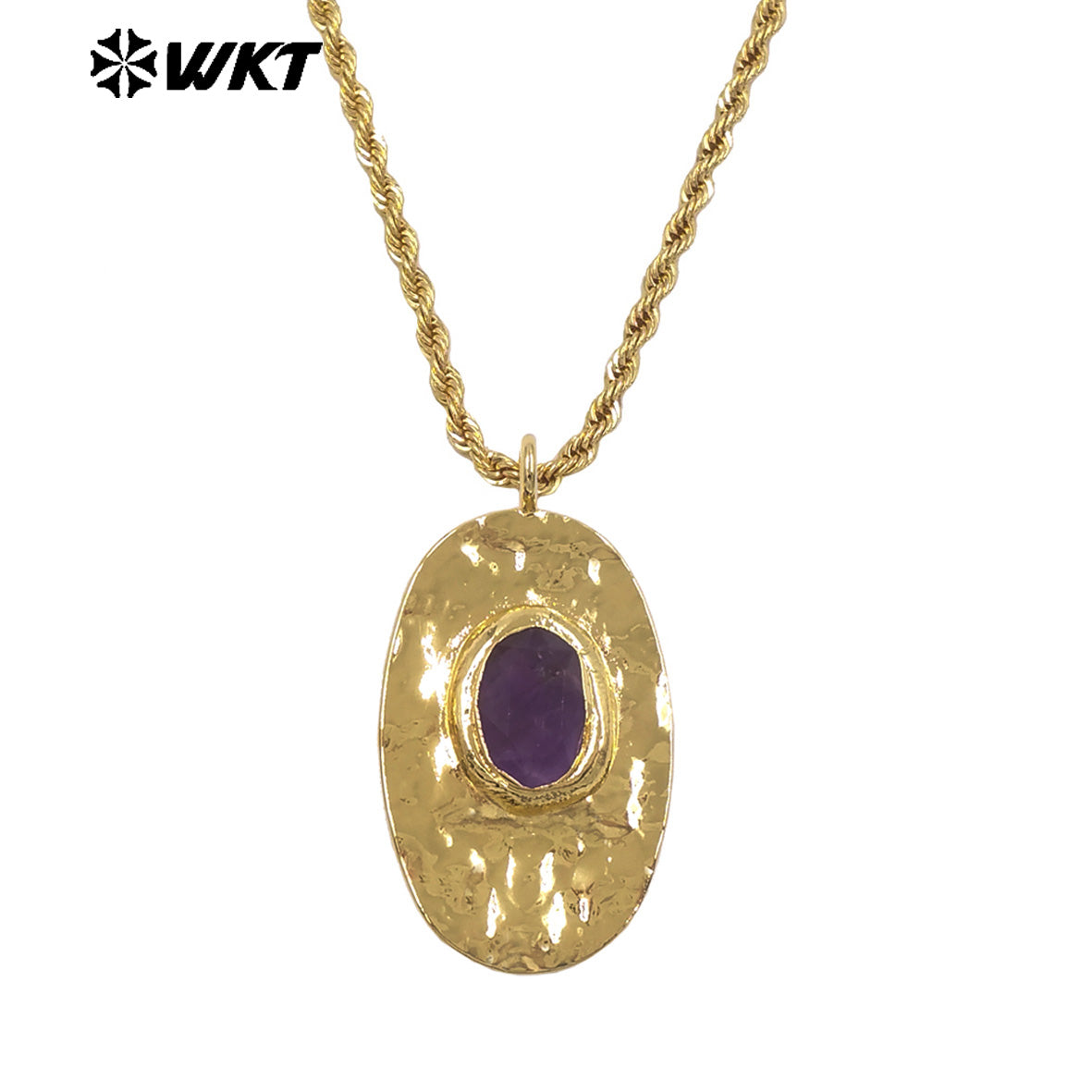 WT-N1538 Elegant Style Brass Chain With Gold Plated Natural Gemstone Oval Pendant Necklace For Lady Friend Birthday Gift