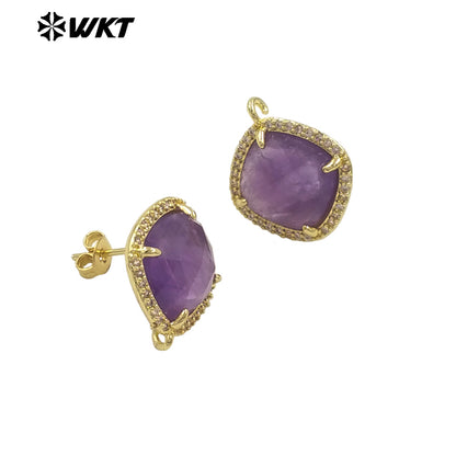 JFE120 Women Popular Fashion Gold Plated 10MM Square Natural Gemstone Amazonite Earring Studs With Hoop for DIY