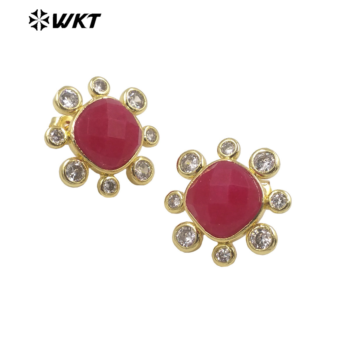 WT-ME091 Wholesale Newest Fashion square Gemstone with clear Cubic Zircon Around Setting Earrings Studs Gold Birthday Earring