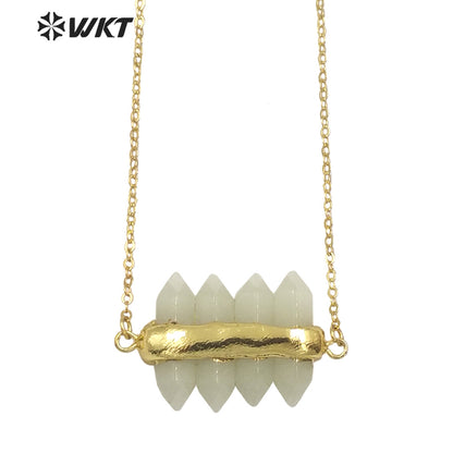 WT-N1460 WKT NEW Design Double Gemstone Point Rose Quartz Amethyst Energy Lucky Stone Necklace Many Colors Available