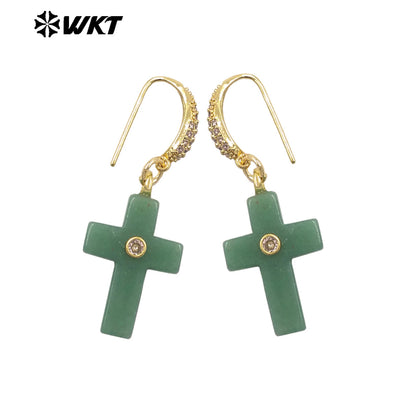 WT-E819 Popular Fashionable Zircon And Natural Gemstones Cross Design Gold Earrings As Female Wedding Matching Jewelry