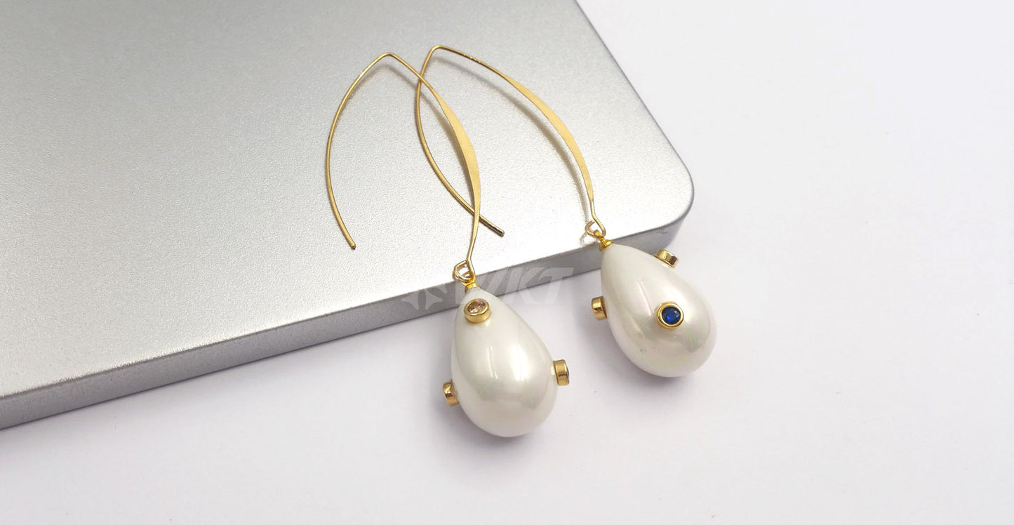 WT-E556 Natural Shell Pearl With Hole Big Ring for Women Shell Earring Gold Plated Hollow Out White Red Shell Earring